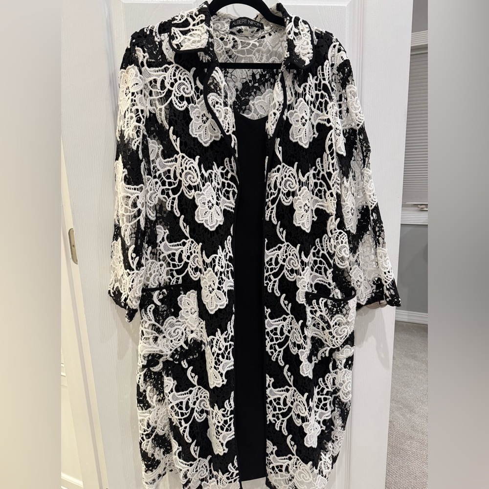 Albert Nipon Black and Porcelain Lace Overlay Dress